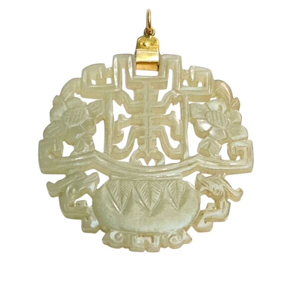 Vintage 14K Gold Nephrite Jade Carved Pendant - Auspicious Symbols - Picture 2 of 5